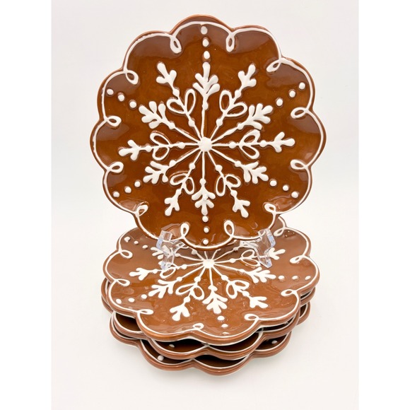 Gingerbread Snowflake Dessert Plates Set of 4 Holiday Christmas Ceramic